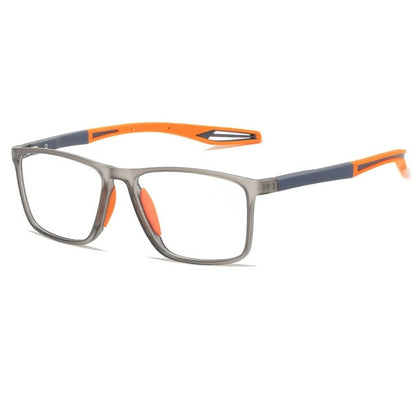 Grey square glasses with orange nose pads and orange-and-blue-grey arms, shown at an angle on white. 10
