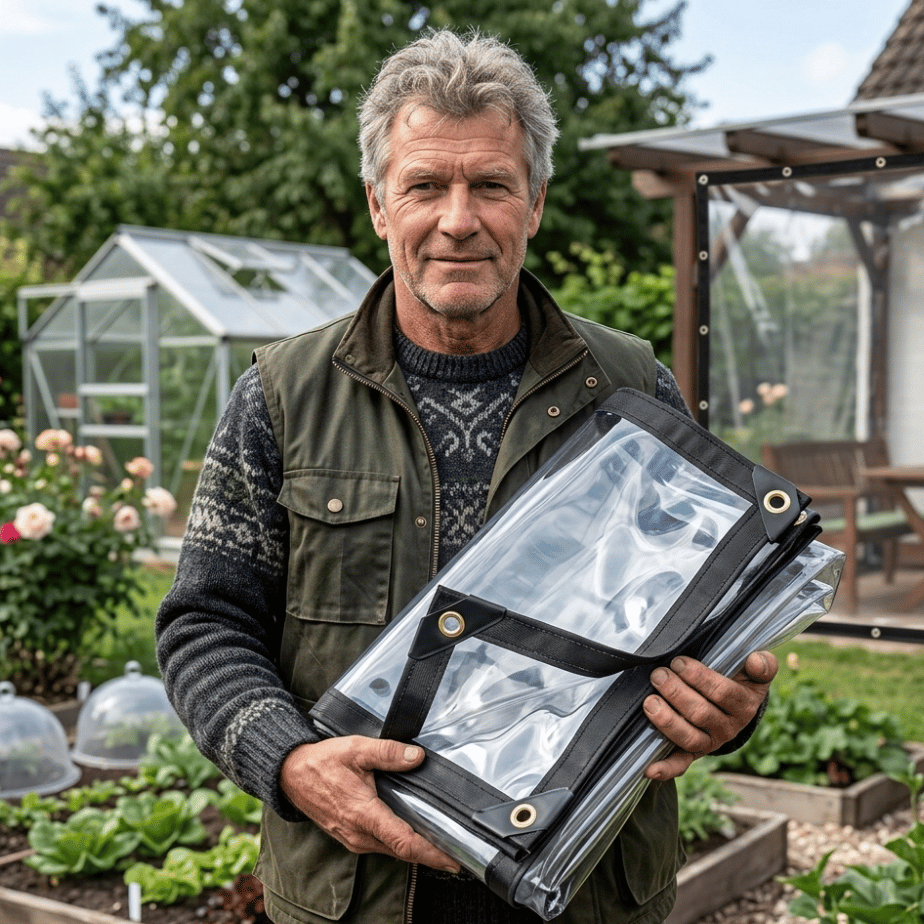 Grey-haired man in a green gilet holds the folded clear tarpaulin with black edging and eyelets in a garden with a greenhouse. 1