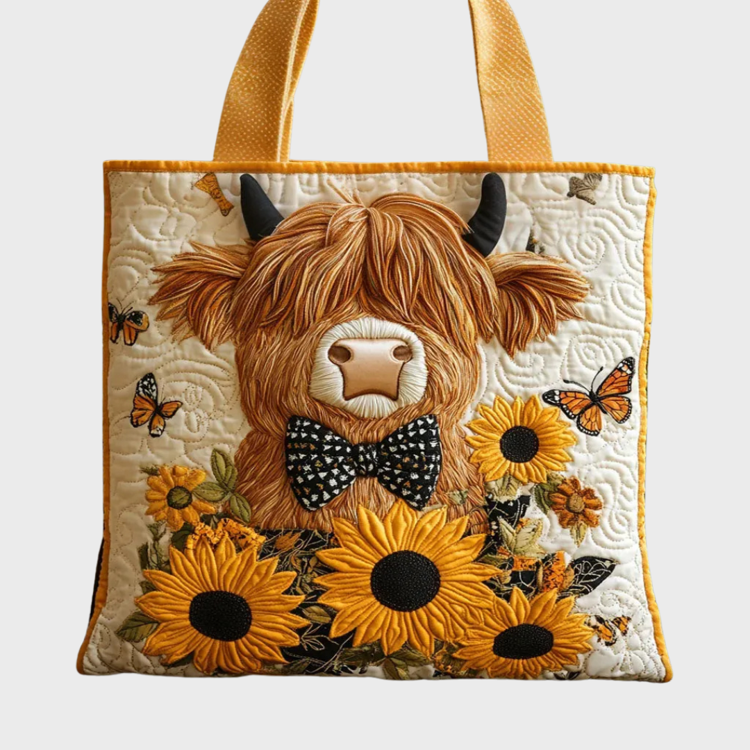 Tote shown alone on a plain light background, with mustard handles and swirl quilting around the appliqué Highland cow and sunflowers. 3