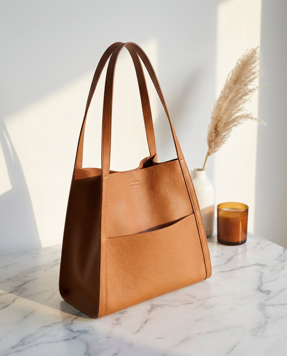 Tan grained-leather tote with two long straps and a front pocket, standing on a marble surface beside pampas grass and an amber candle. 1