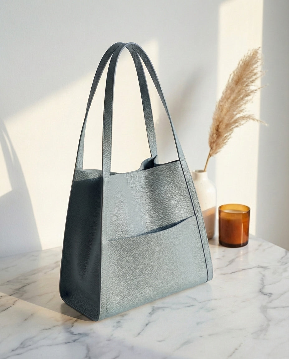 Light blue-grey leather tote with long straps and a front pocket on a marble surface beside pampas grass and an amber candle. 10