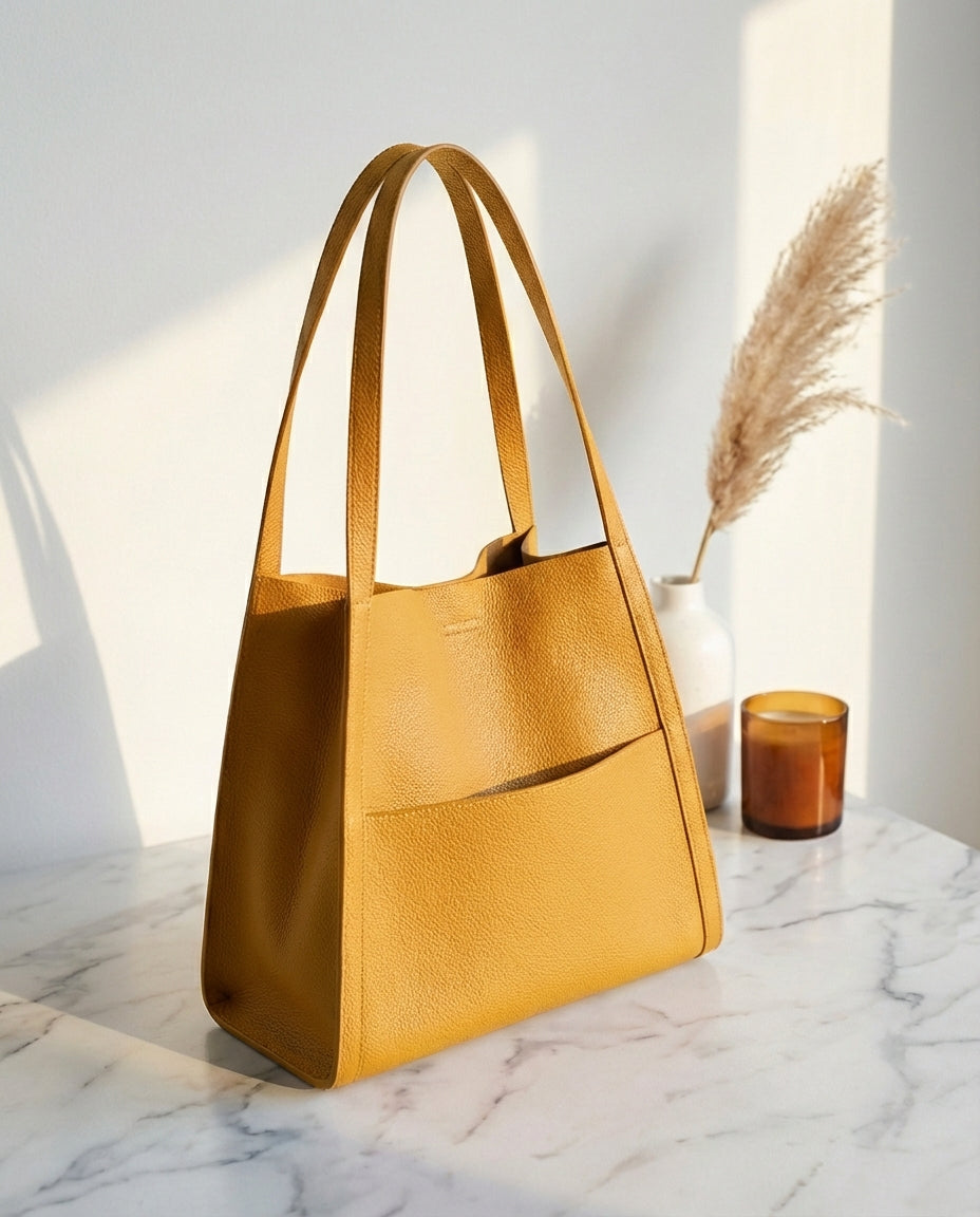 Mustard yellow leather tote with a front pocket on a marble surface, styled with pampas grass in a vase and an amber candle. 9