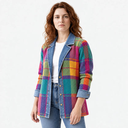 Vintage Style Denim Trim Patchwork Plaid Jacket