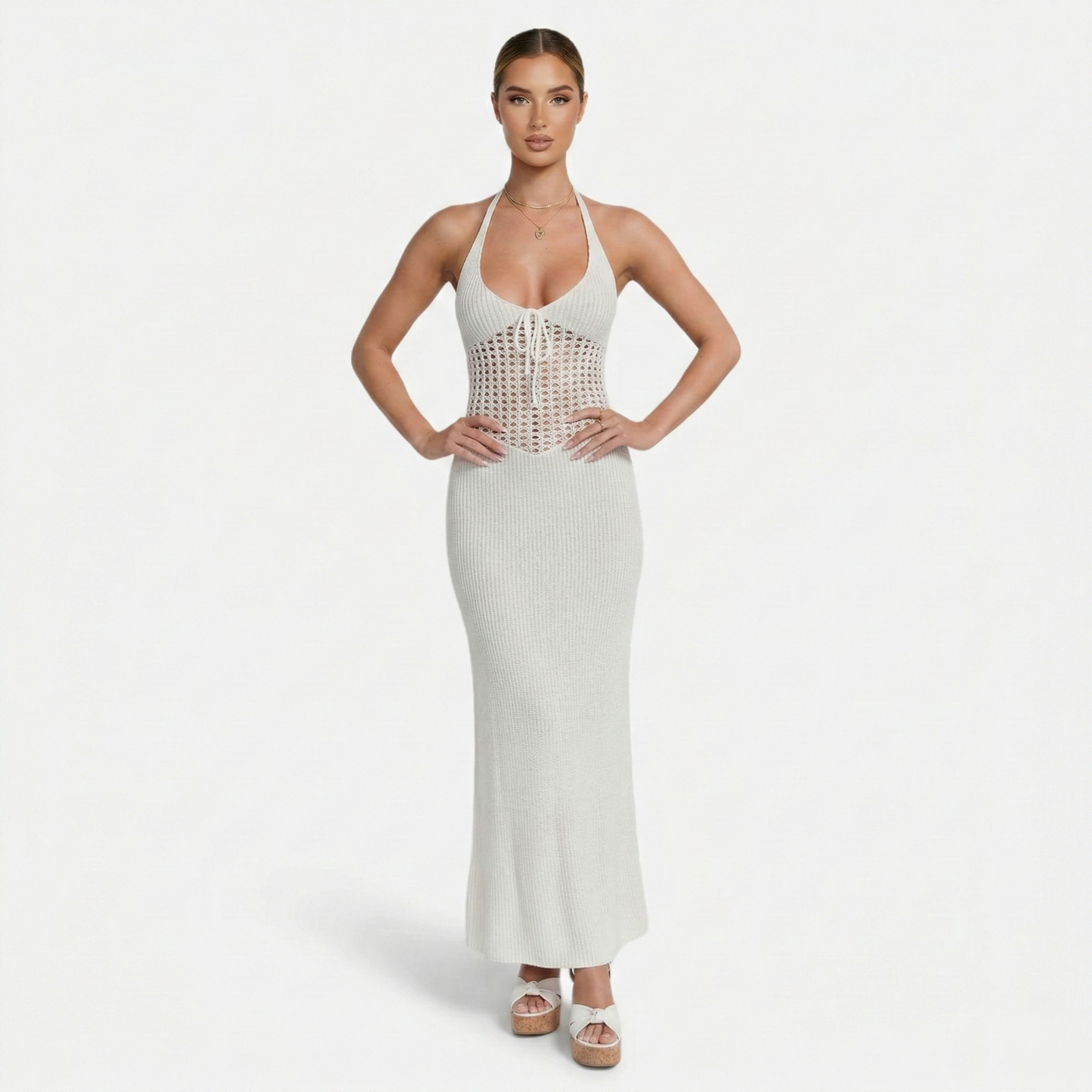 Maxi Dress Women's Knit Halter Neck Tie Back Cut Out Detail