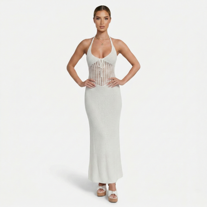 Maxi Dress Women's Knit Halter Neck Tie Back Cut Out Detail
