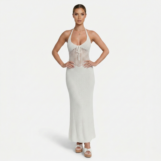 Maxi Dress Women's Knit Halter Neck Tie Back Cut Out Detail
