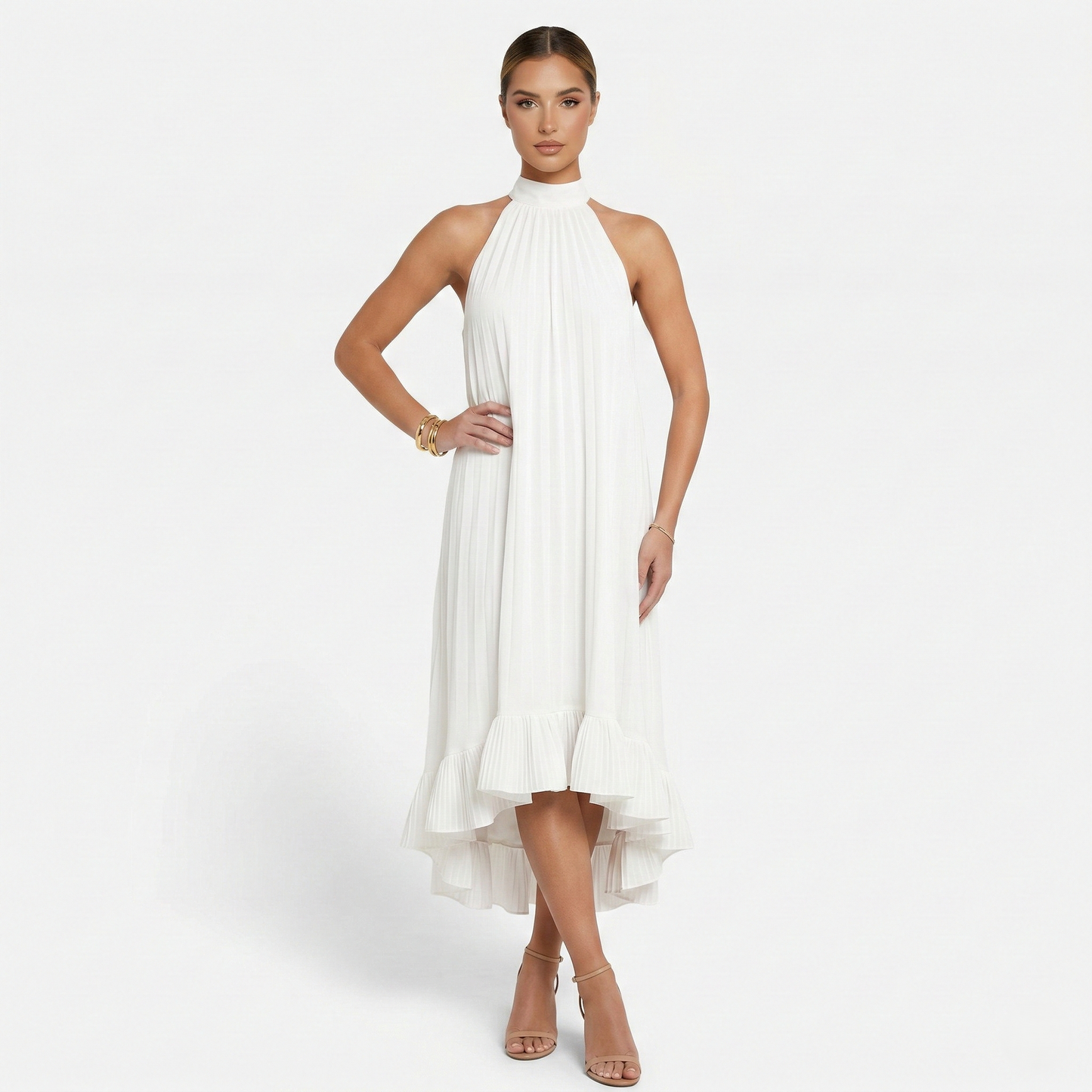Midi Dress Women's Halter Neck Tie Back High Low Hem Sleeveless