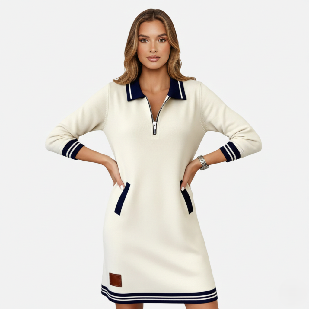 Shift Dress Women's Polo Collar Long Sleeve Half-Zip