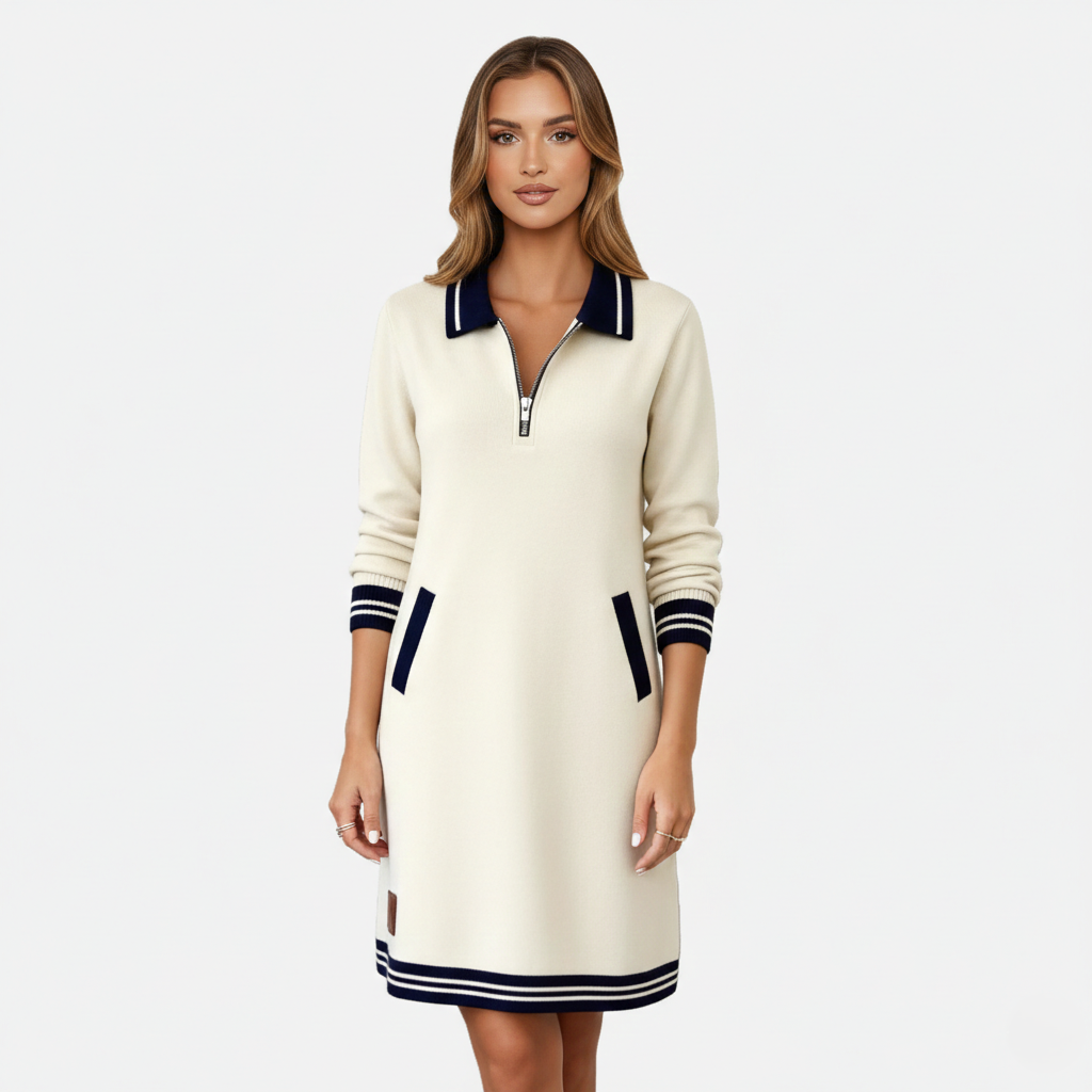 Shift Dress Women's Polo Collar Long Sleeve Half-Zip