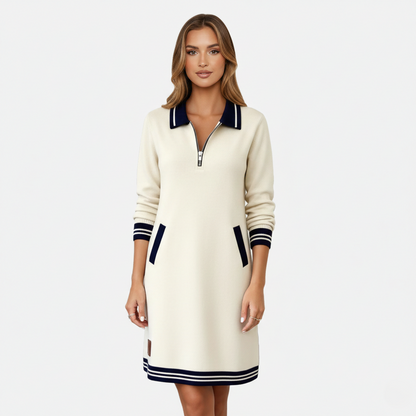 Shift Dress Women's Polo Collar Long Sleeve Half-Zip