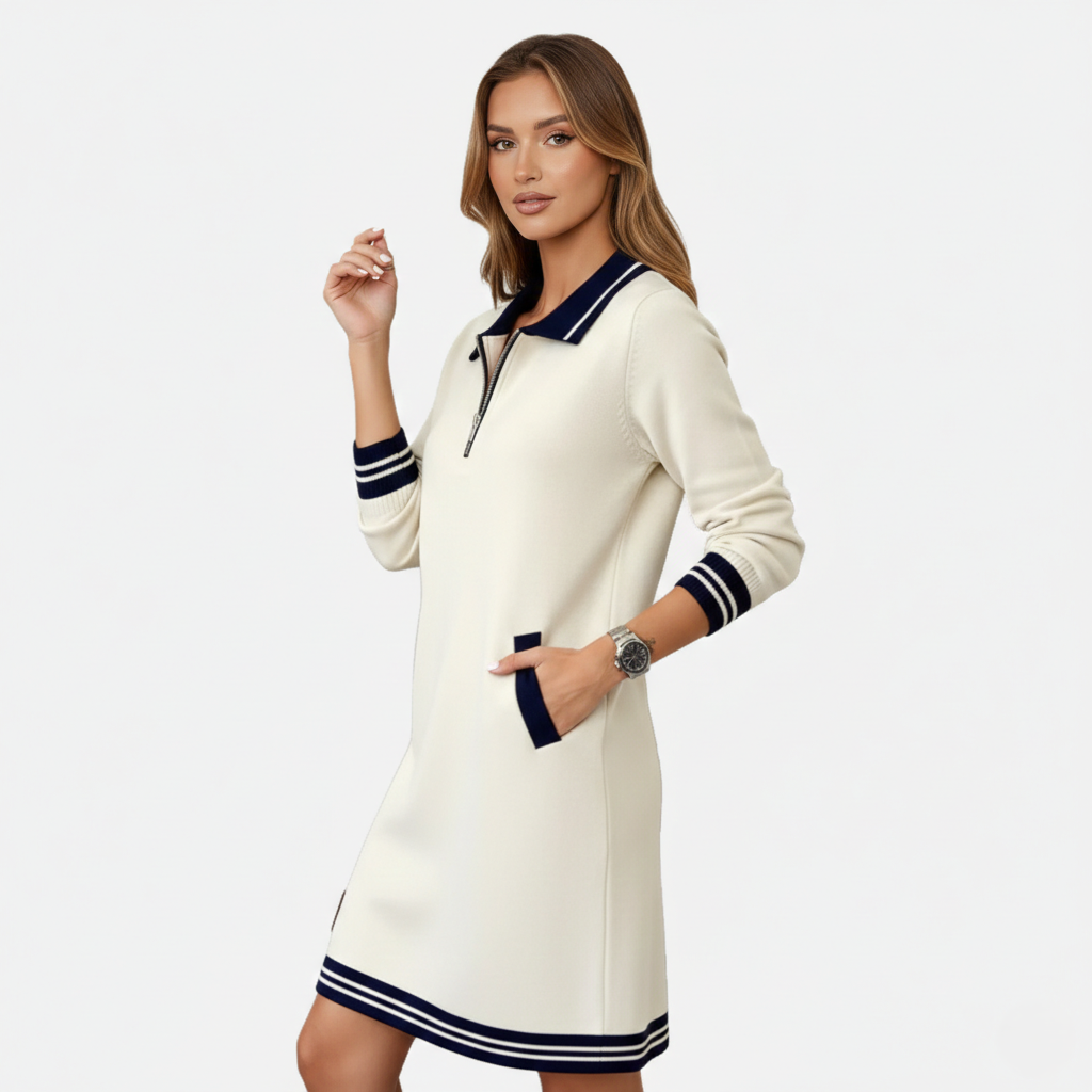 Shift Dress Women's Polo Collar Long Sleeve Half-Zip