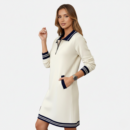 Shift Dress Women's Polo Collar Long Sleeve Half-Zip