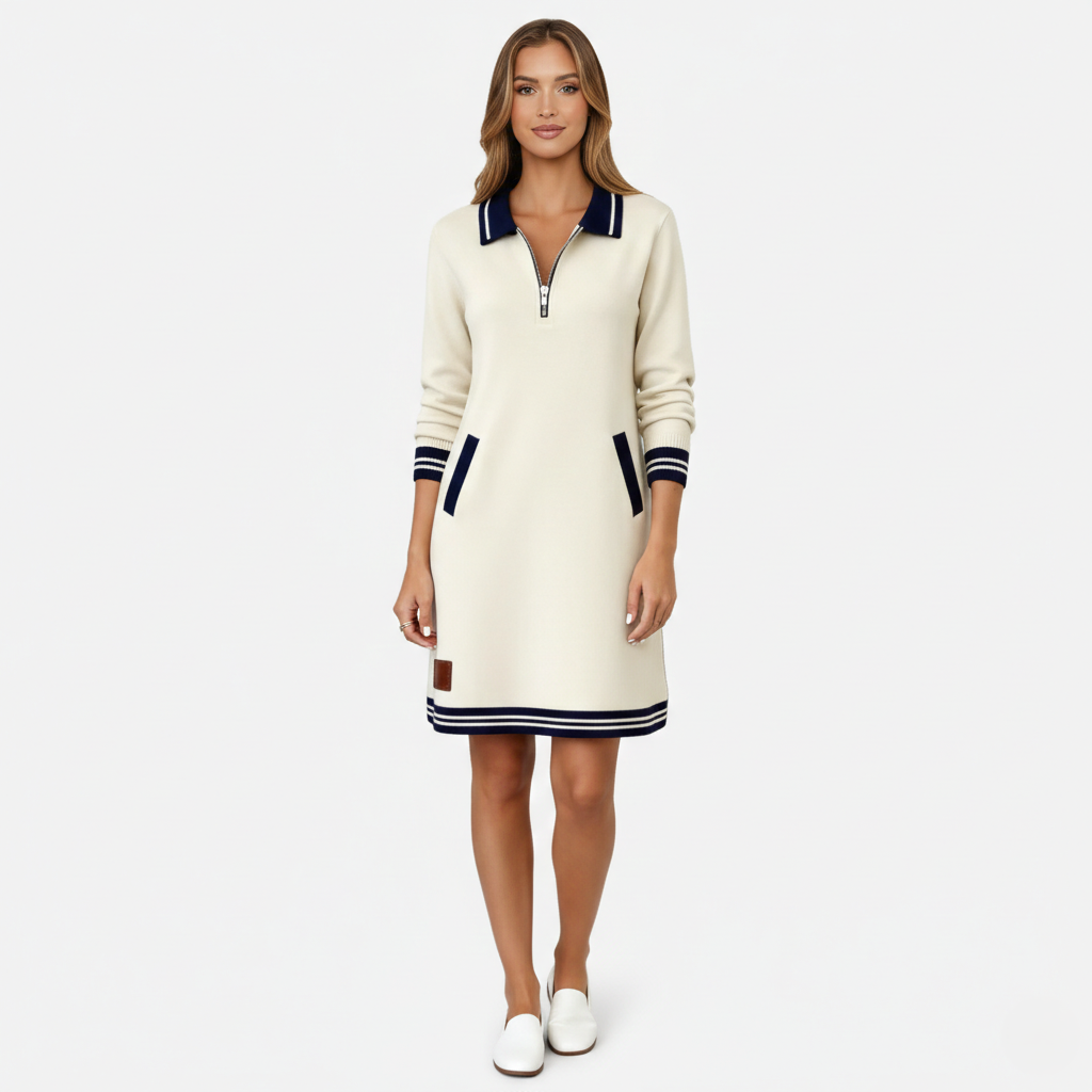 Shift Dress Women's Polo Collar Long Sleeve Half-Zip
