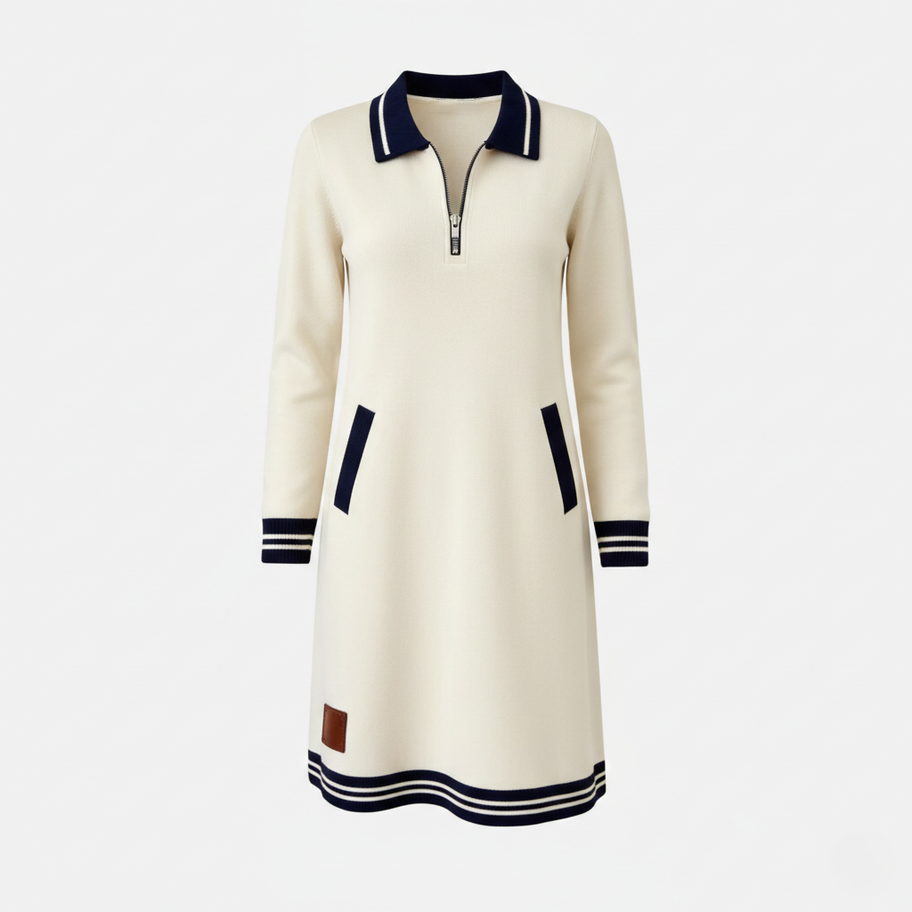 Shift Dress Women's Polo Collar Long Sleeve Half-Zip