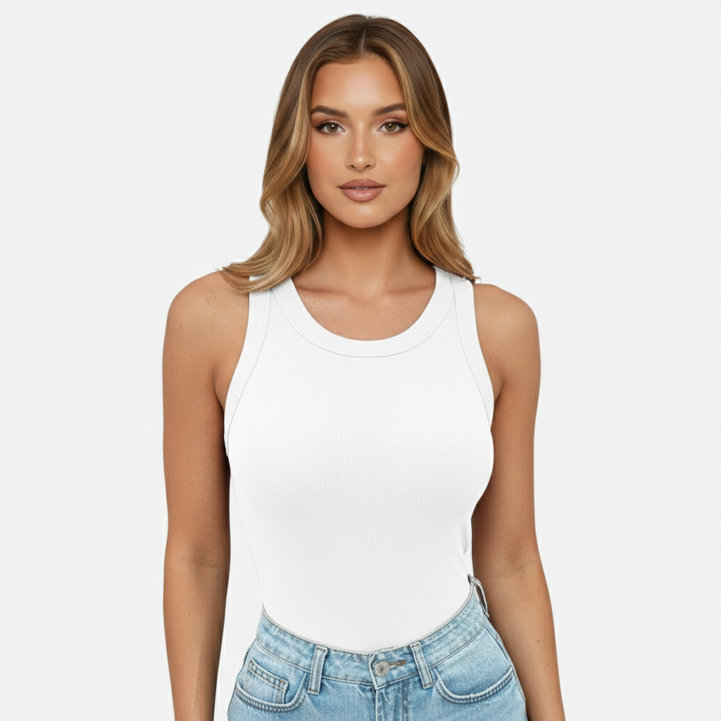 Tank Top Women's Round Neck Ribbed with Built-in Bra