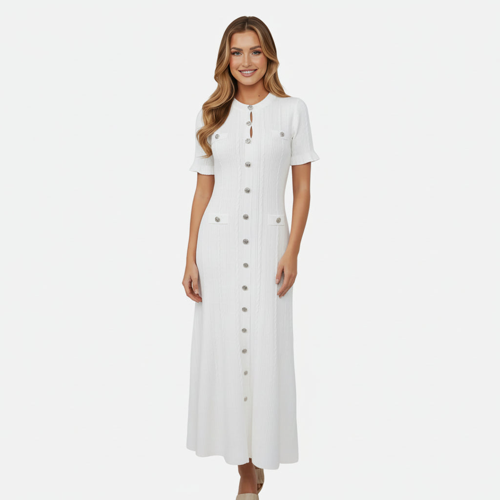 Mavenburry | Women’s Button-Front Ribbed Knit Long Midi Dress
