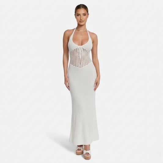 Maxi Dress Women's Knit Halter Neck Tie Back Cut Out Detail