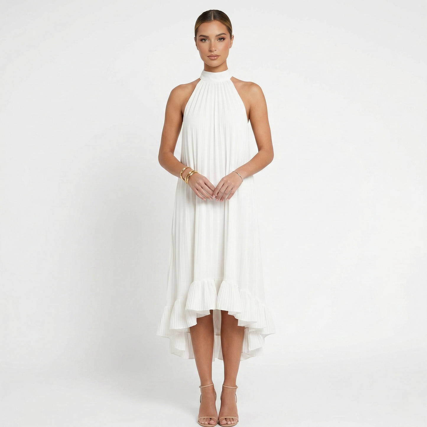 Midi Dress Women's Halter Neck Tie Back High Low Hem Sleeveless