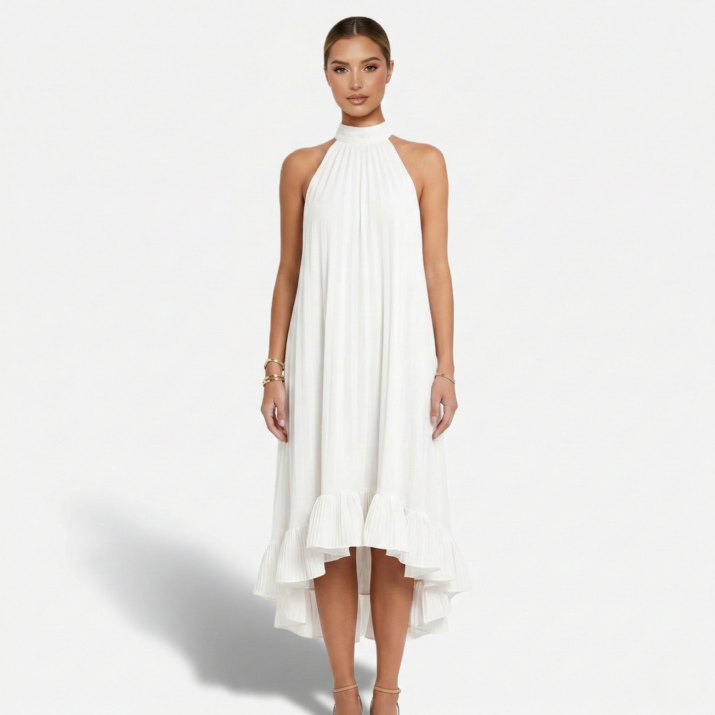 Midi Dress Women's Halter Neck Tie Back High Low Hem Sleeveless