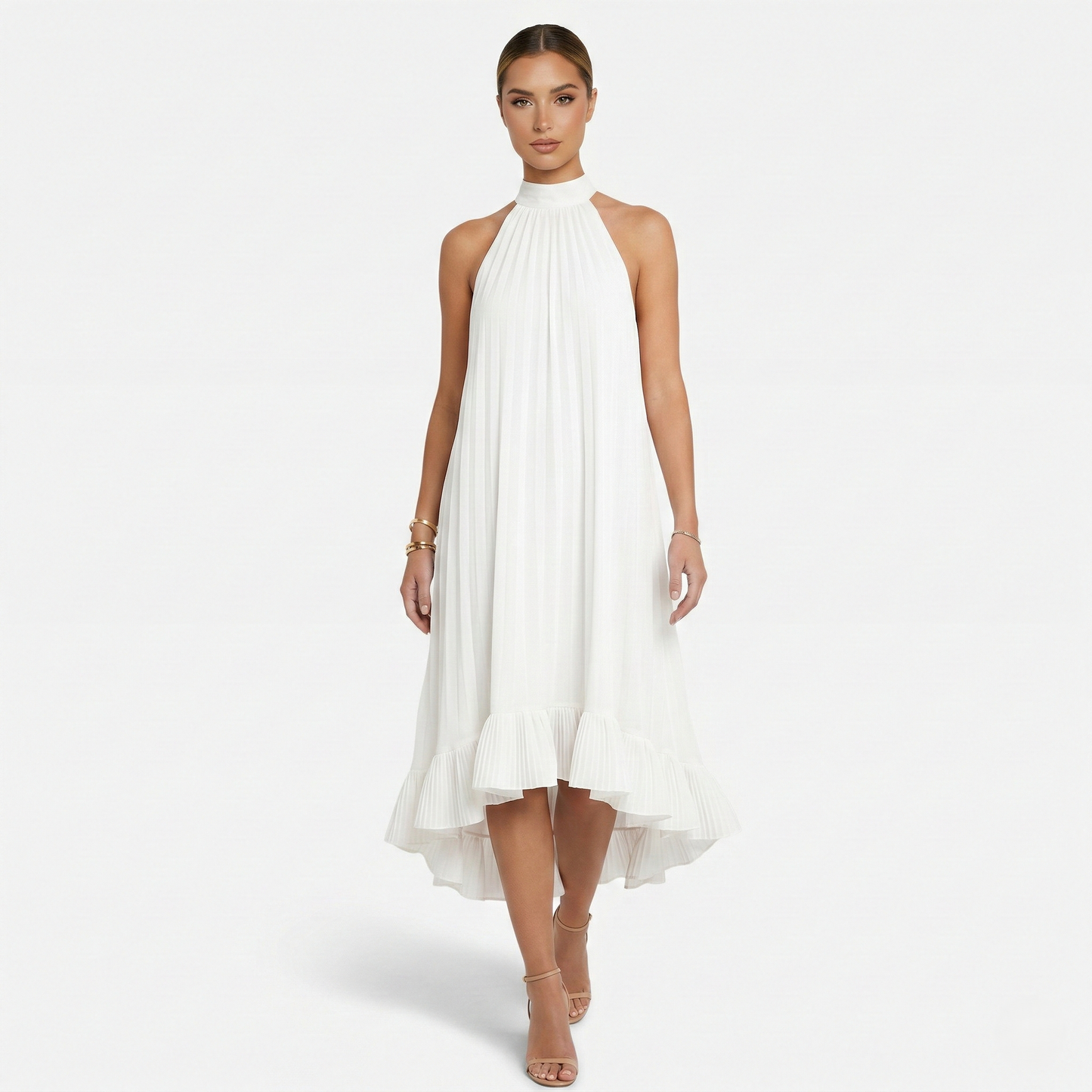 Midi Dress Women's Halter Neck Tie Back High Low Hem Sleeveless