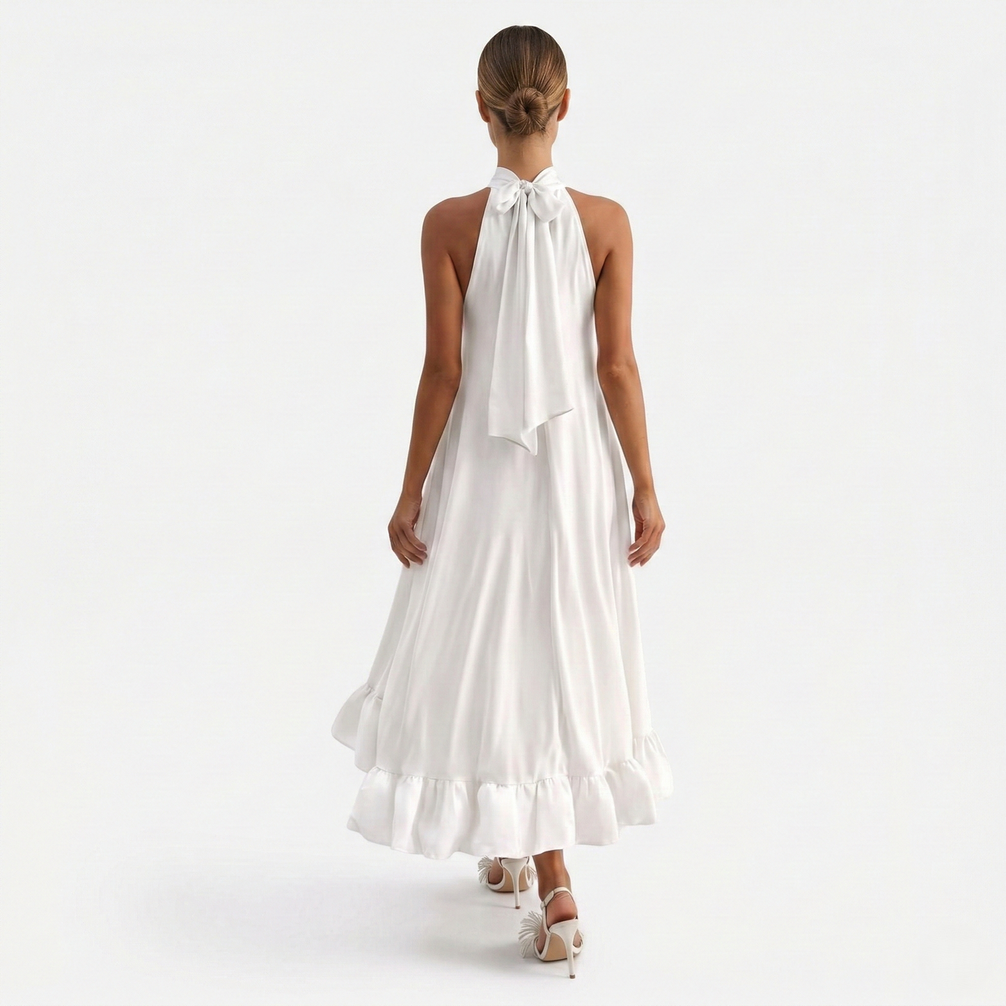 Midi Dress Women's Halter Neck Tie Back High Low Hem Sleeveless