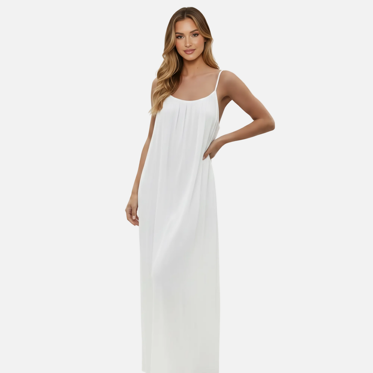 Woman wearing a white dress on a plain background