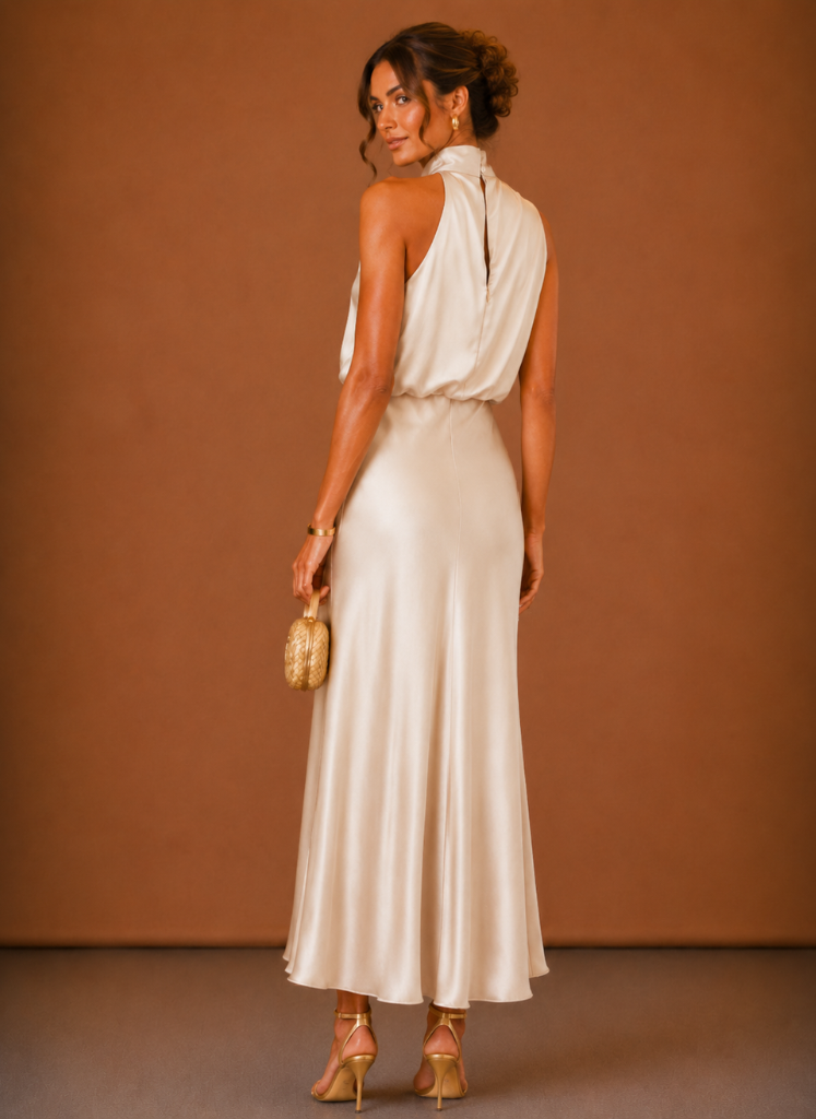 Back view of the champagne satin dress, showing the keyhole closure at the collar and the flowing skirt hem. 6