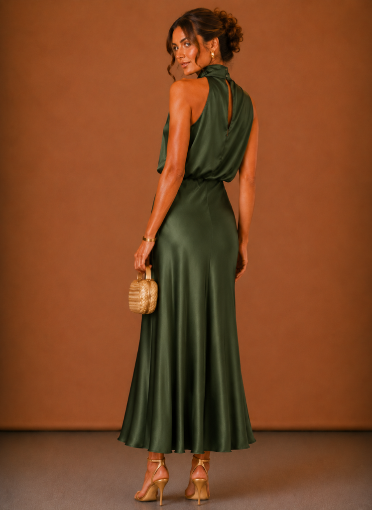Back view of the olive green satin dress, showing the keyhole opening below the high collar and flared skirt. 3