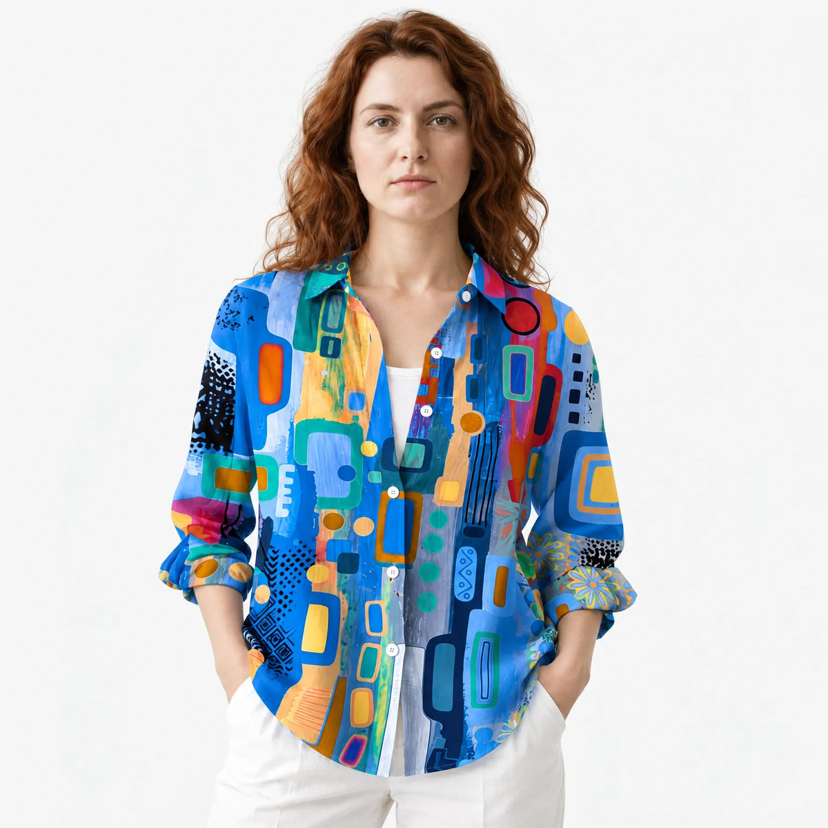 Women's Artistic Patterned Button-Up Blouse with Relaxed Fit
