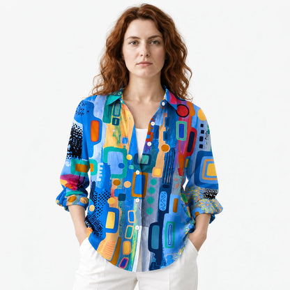 Women's Artistic Patterned Button-Up Blouse with Relaxed Fit
