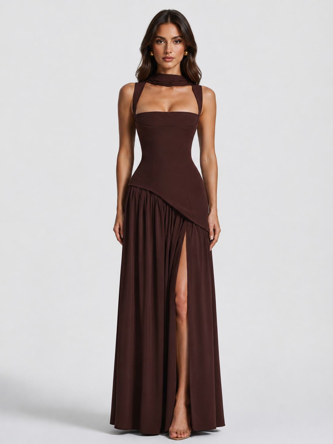 Front view in dark chocolate brown on a model, showing the square-neck corset bodice, neck scarf, asymmetric gathered skirt and high thigh slit. 1