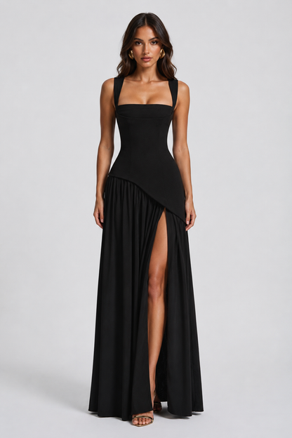 Black version from the front with wide straps and a square neckline, showing the fitted corset bodice and slit gathered skirt. 10