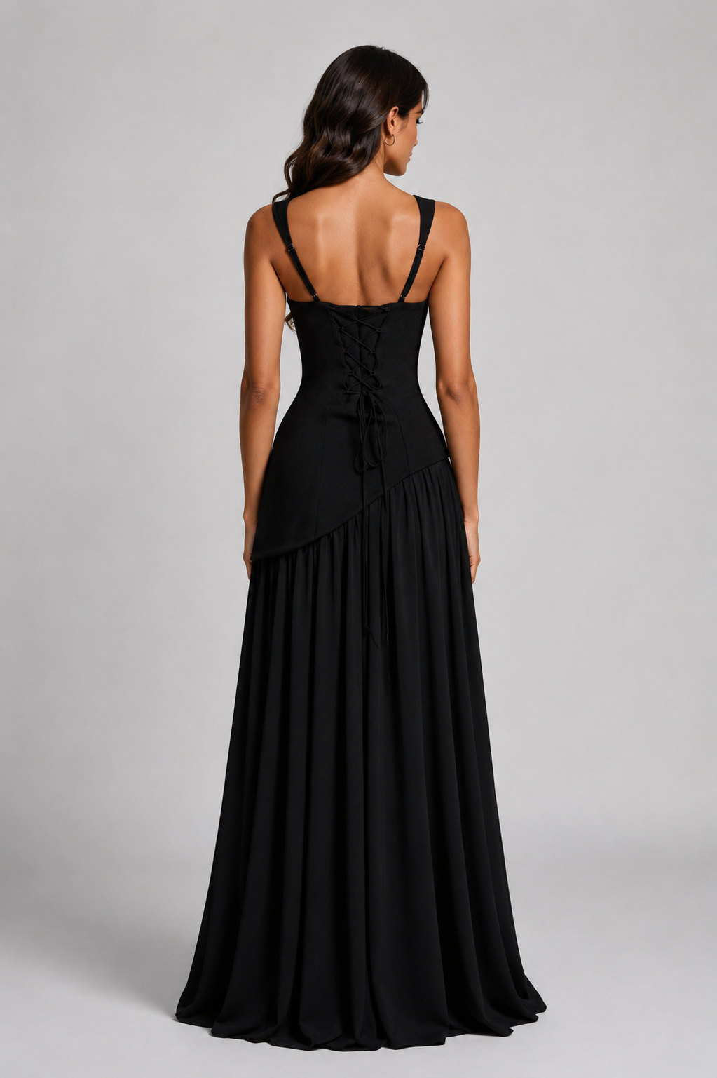 Black version from behind, showing the lace-up corset back, adjustable shoulder straps and the long gathered skirt. 12