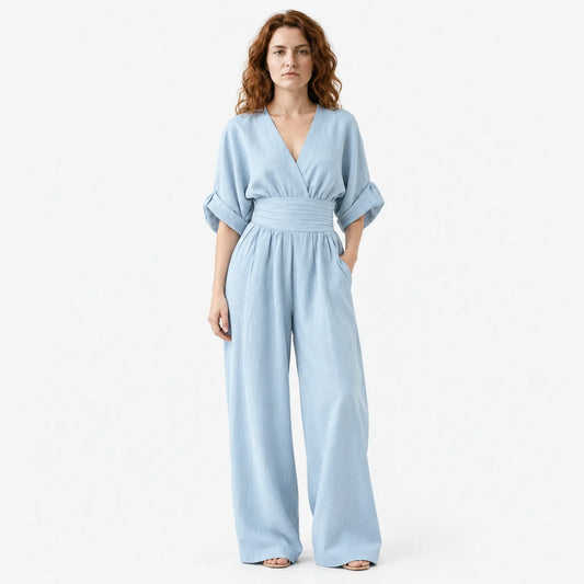 Women's Elegant Wide-Leg Jumpsuit with V-Neck Flowy Fit