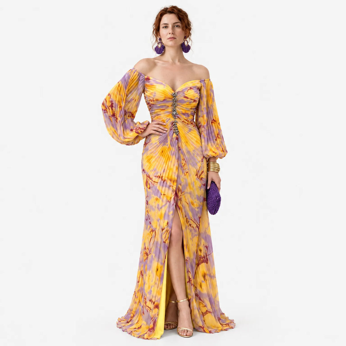 Women's Floral Maxi Dress with Off-Shoulder Neckline and Pleated Skirt