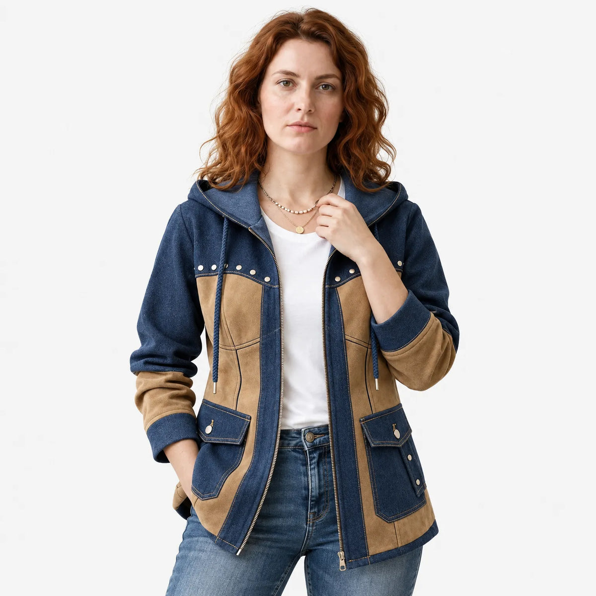 Women's Hooded Jacket with Pockets and Studded Details