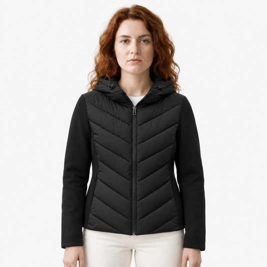 Women's Hooded Quilted Puffer Jacket with Chevron Padding, Zip Front