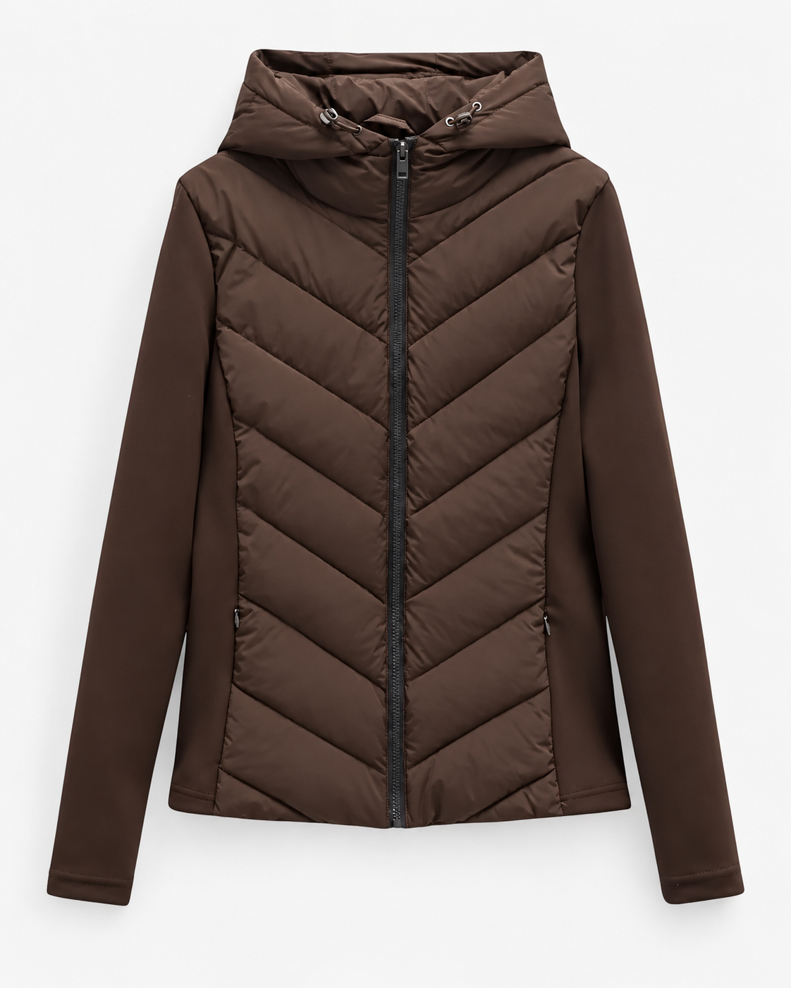 Front view of the jacket in dark brown, with chevron quilting, stretch sleeves, contrasting black front zip and drawcord hood. 8