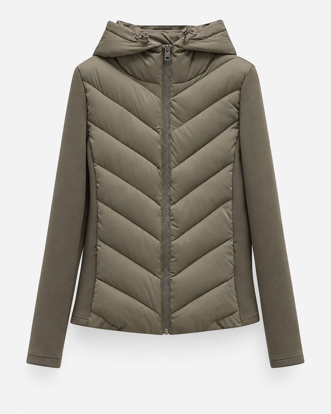 Front view of the khaki-green hooded jacket with chevron-quilted body, smooth stretch sleeves, centre zip and drawcord hood. 1