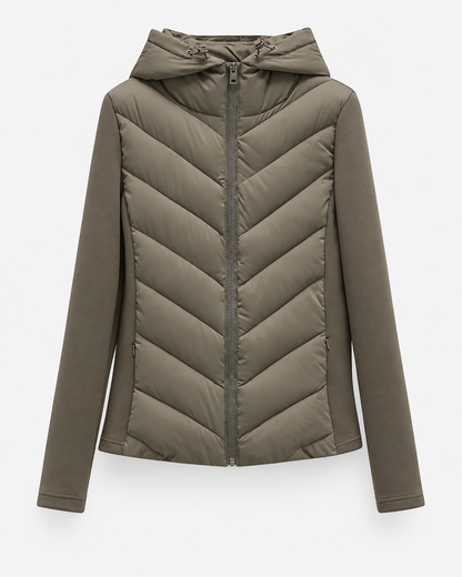 Front view of the khaki-green hooded jacket with chevron-quilted body, smooth stretch sleeves, centre zip and drawcord hood. 1