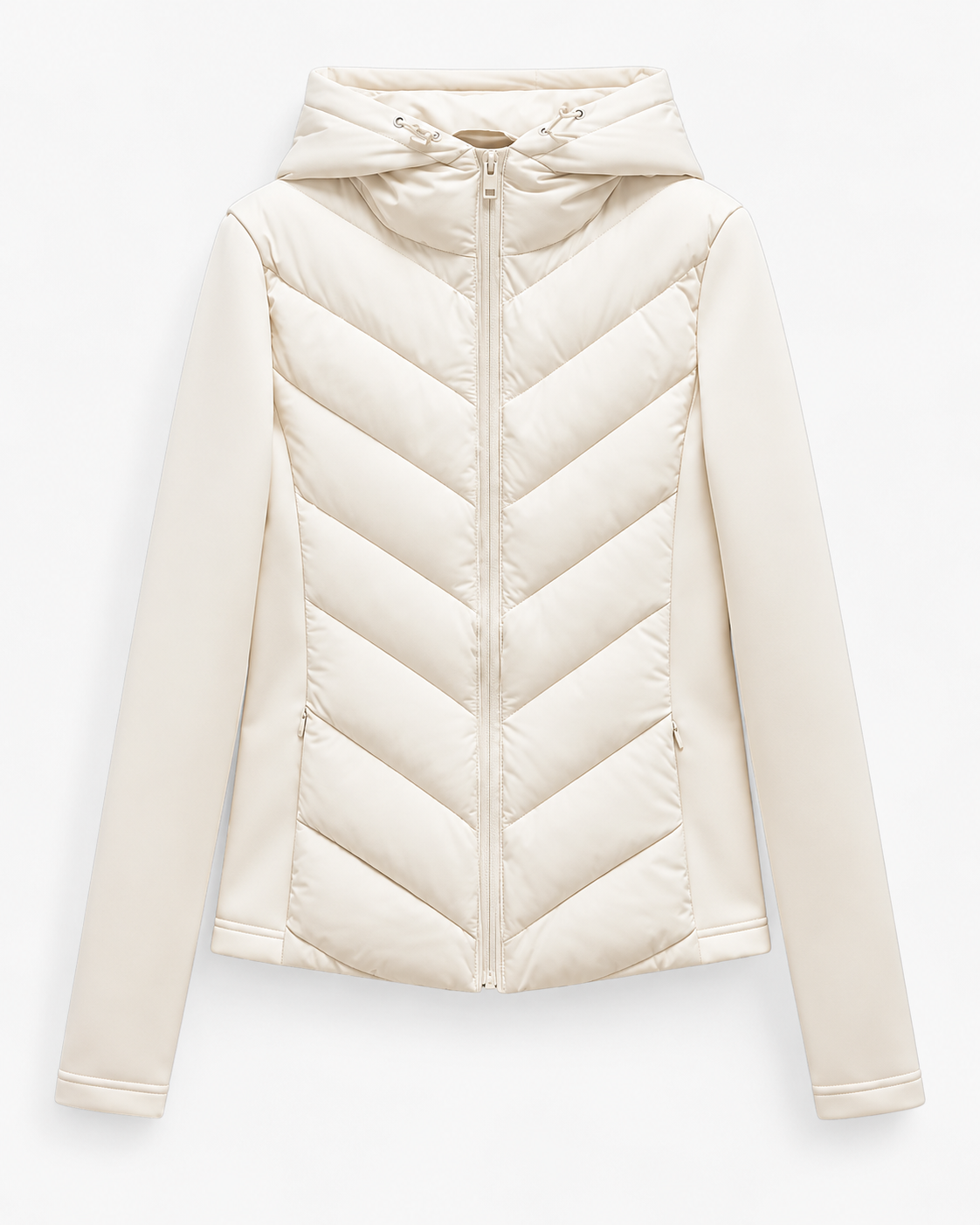Front view of the jacket in cream, with chevron-quilted body, smooth stretch sleeves, centre zip and drawcord hood. 7