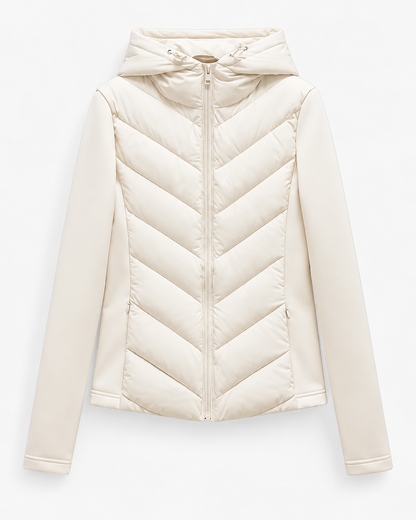 Front view of the jacket in cream, with chevron-quilted body, smooth stretch sleeves, centre zip and drawcord hood. 7