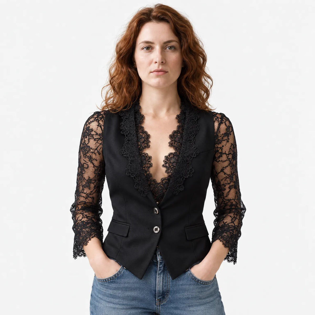 Women's Lace Trim Blazer Blouse - Smart Evening Top