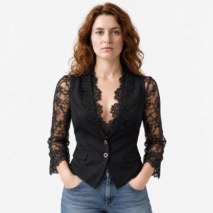 Women's Lace Trim Blazer Blouse - Smart Evening Top