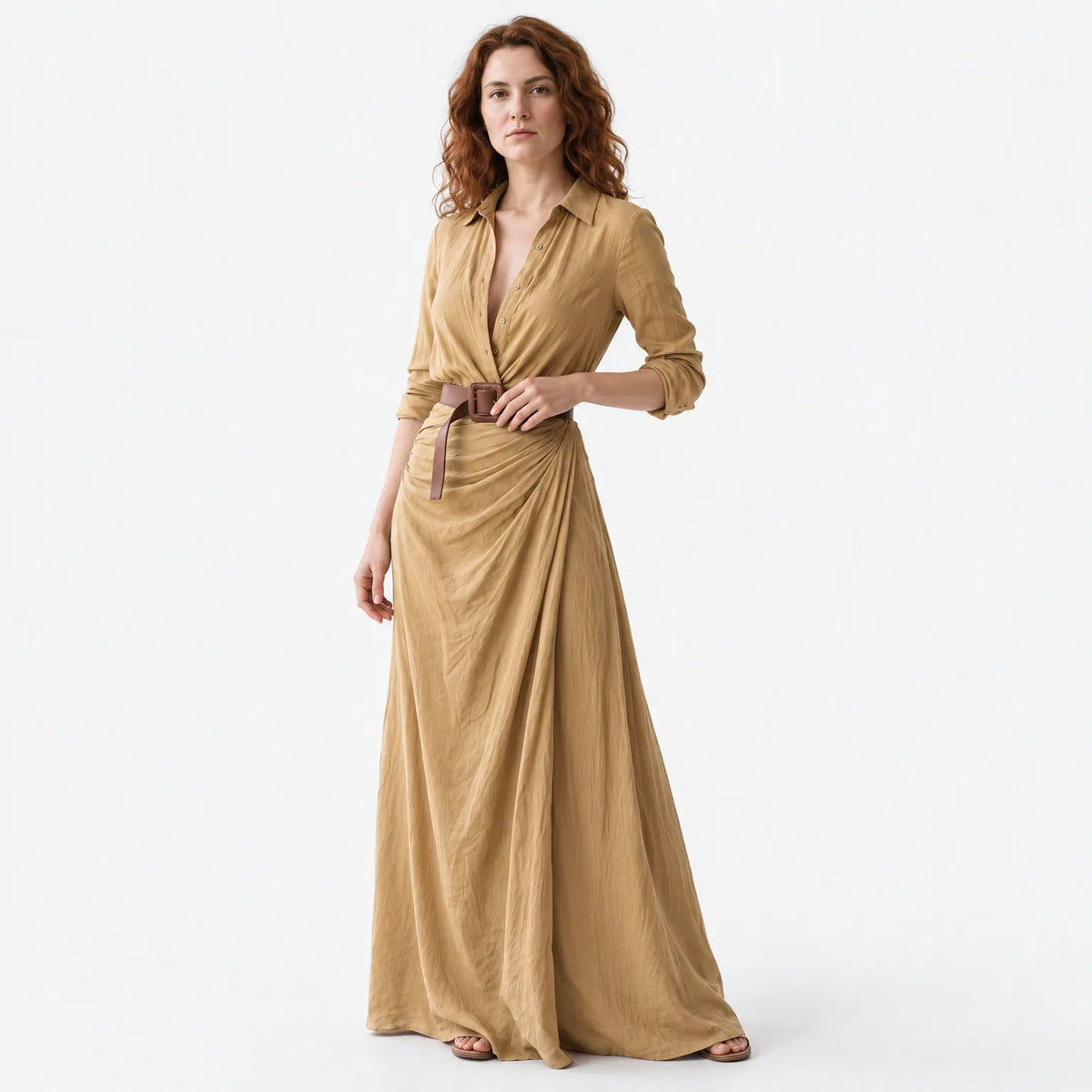 Women's Lapel Single Breasted Belted Long Sleeve Maxi Dress