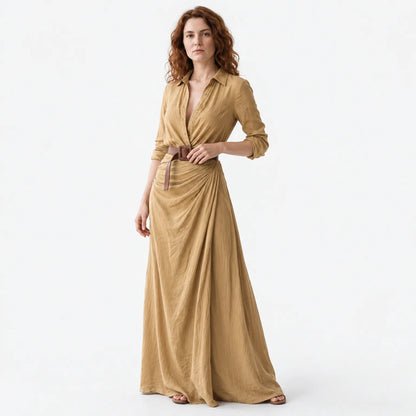 Women's Lapel Single Breasted Belted Long Sleeve Maxi Dress