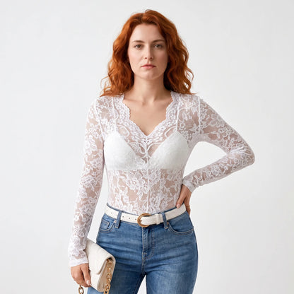 Women's Long Sleeve Lace Blouse with V-Neck and Wavy Trim