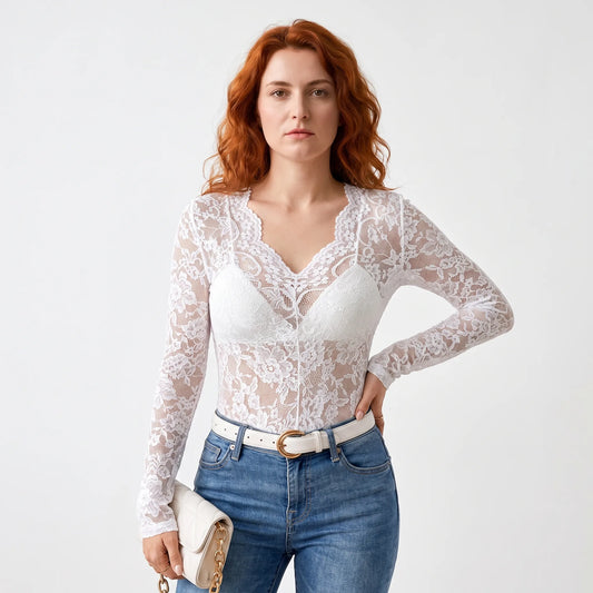 Women's Long Sleeve Lace Blouse with V-Neck and Wavy Trim