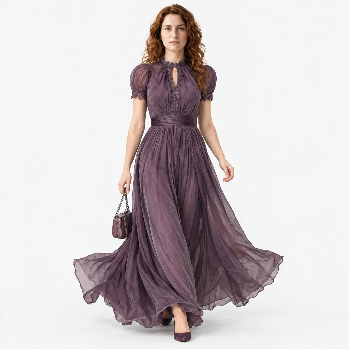 Women's Maxi Dress with Lace Trim and Gathered Waist for Occasions