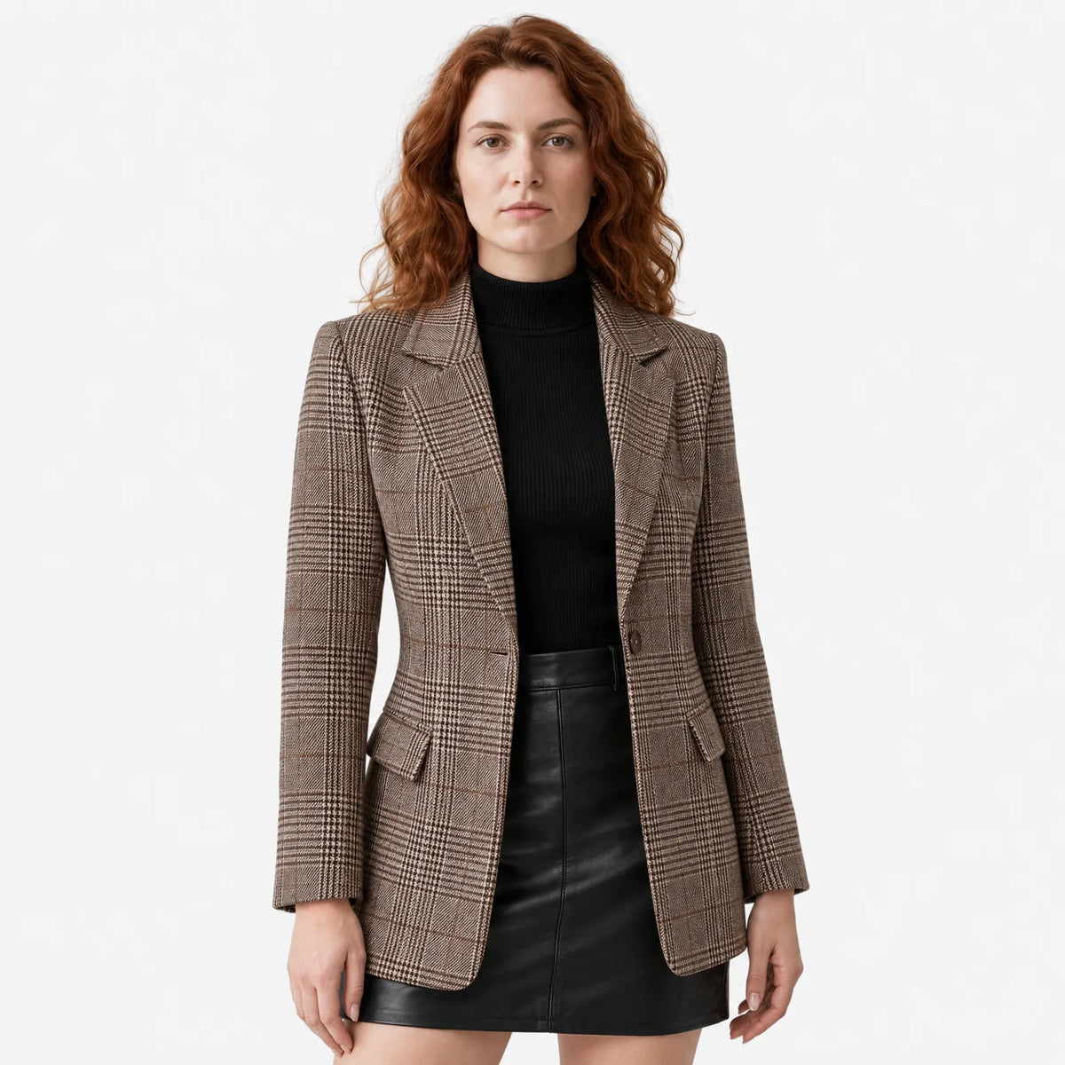 Women's Single-Breasted Checked Blazer, Tailored Fit, Brown